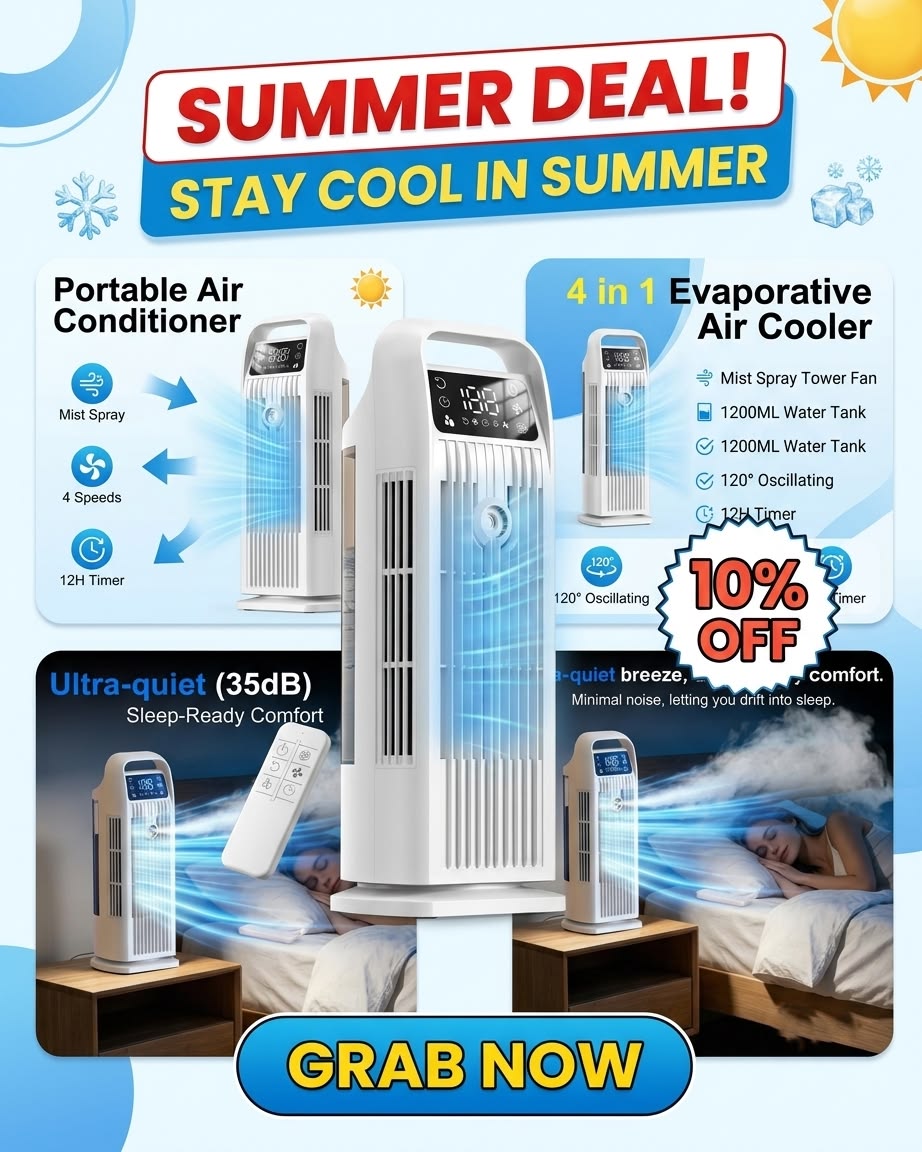 ❄️ Beat the Heat! 4-in-1 Portable Air Cooler – 10% OFF Summer Deal! ☀️