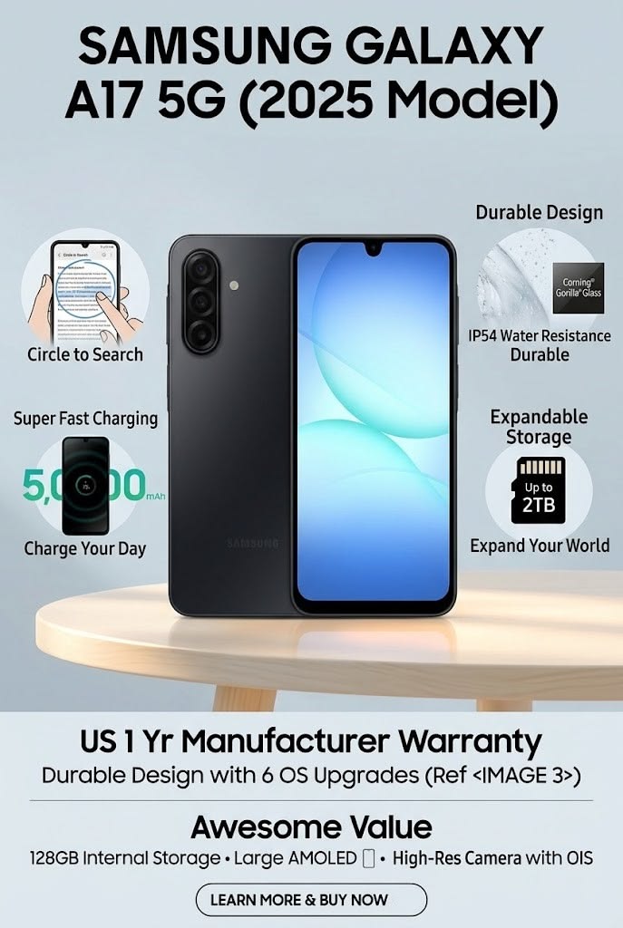 Samsung Galaxy A17 5G Smartphone, 128GB, Manufacturer Warranty