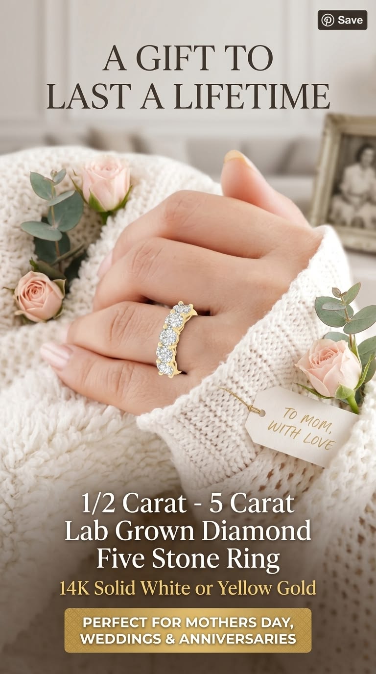1/2 Carat - 5 Carat Lab Grown Diamond Five Stone Ring | 14K Solid White or Yellow Gold