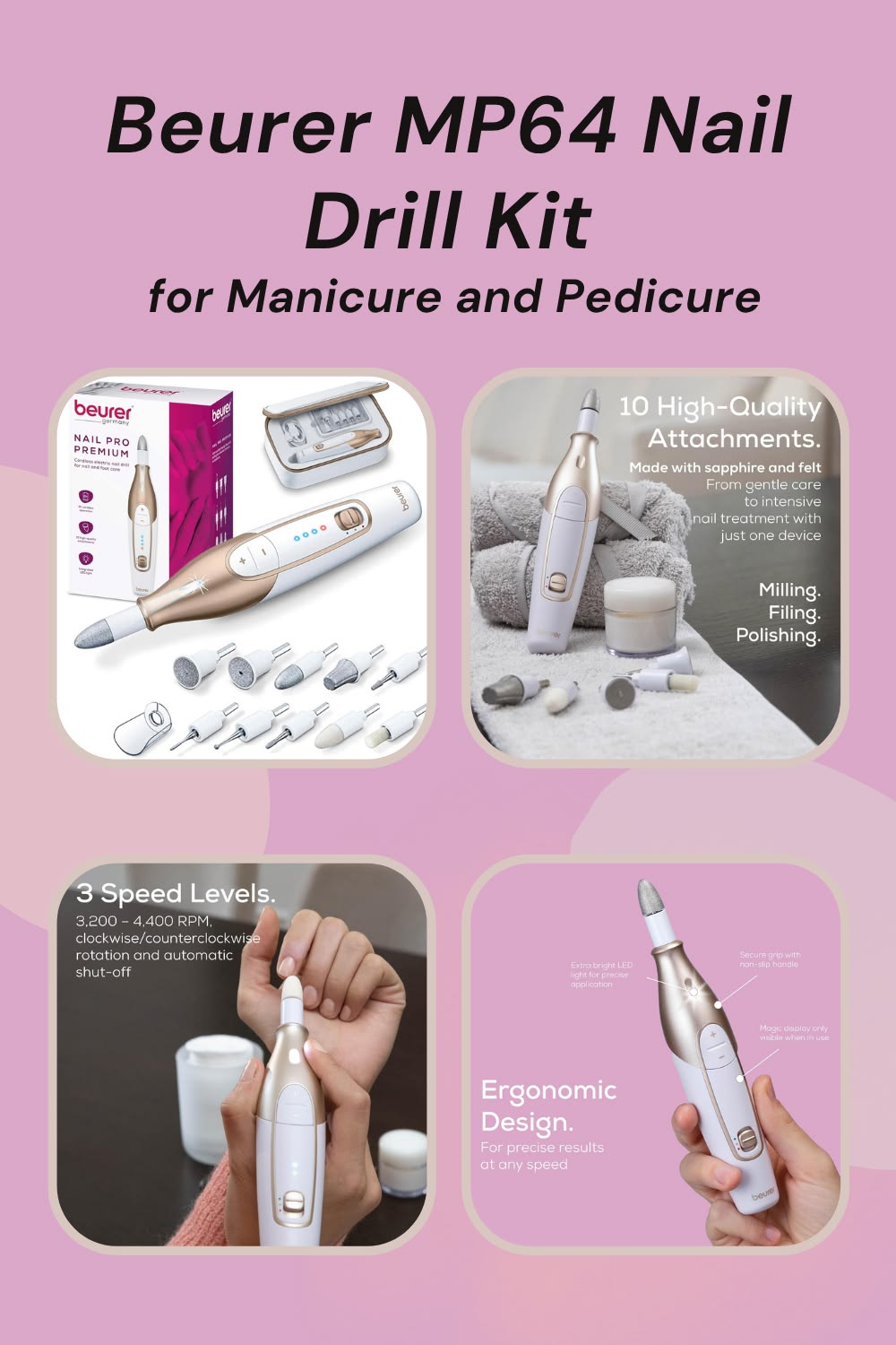 Beurer MP64 Nail Drill Kit, Cordless Electric Nail File with 10 Attachments and LED Light