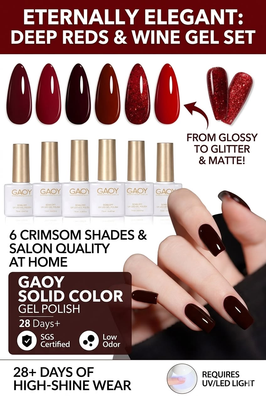 "6 Shades of Crimson: From Dark Cherry to Radiant Red Glitter – Your Perfect DIY Manicure"